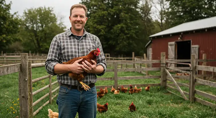 owner of the farmstead in his farm holding hen