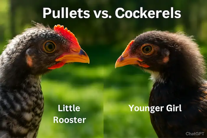 Pullets on right vs. Cockerels on left