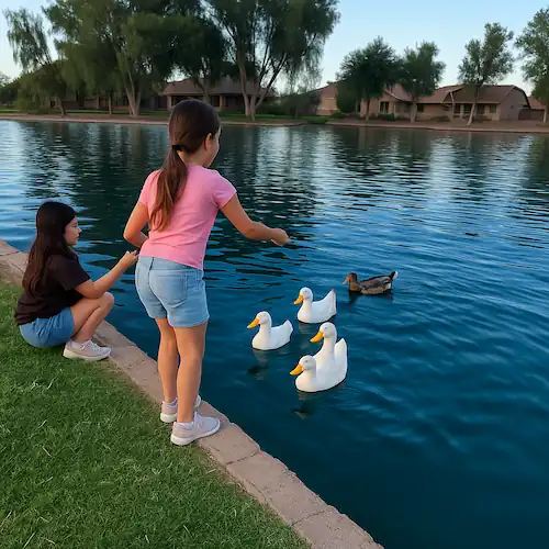 a girl baby feeding ducks in the park