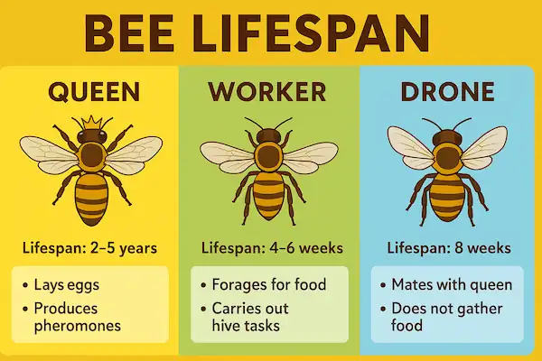 bee lifespan by role, queen, worker and drone bees