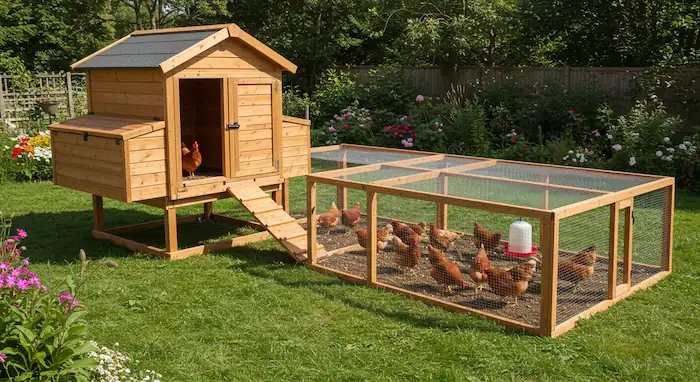 chicken coop and run with hens