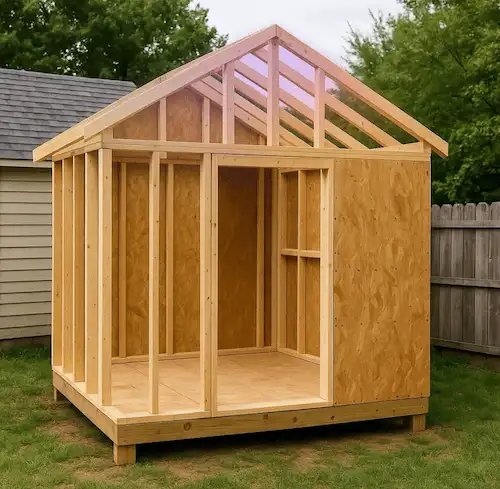 chicken coop after installing frames and roof trusses