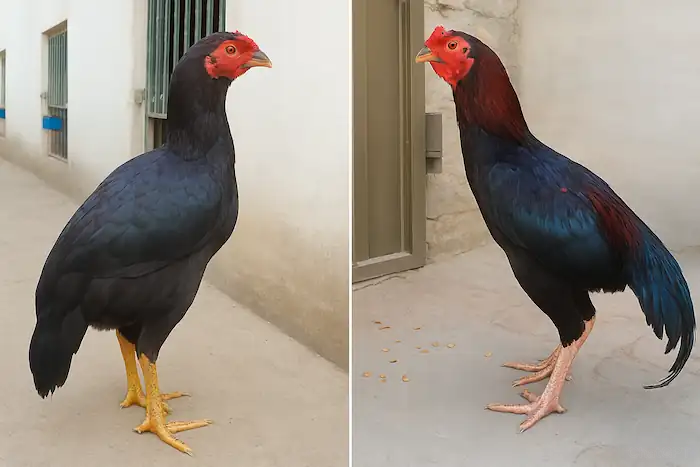 Side-by-side comparison of a hen on left and a rooster on right