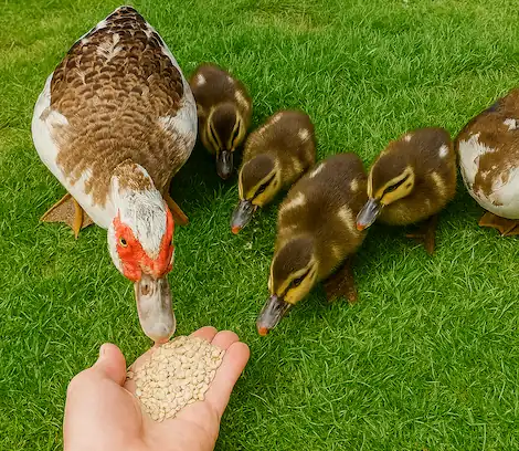a person feeding muscovy duck and ducklings with her hands