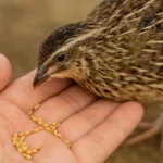 What Do Quail Eat? Wild & Captive Diets by Life Stage 5 A quail eating grains from a person's hand