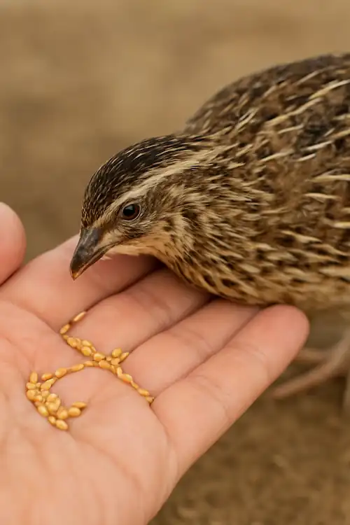 A quail eating grains from a person's hand