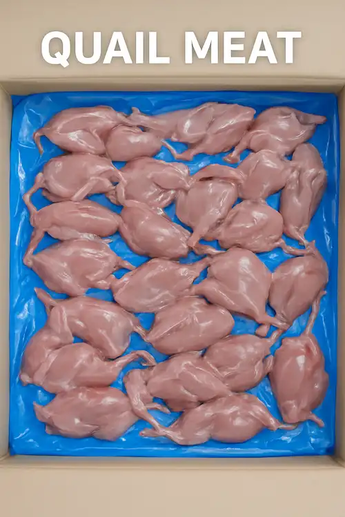 Processed quail meat in a box