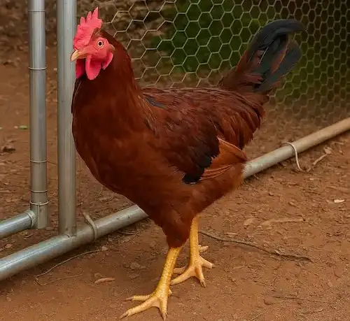 a dark red colored hen