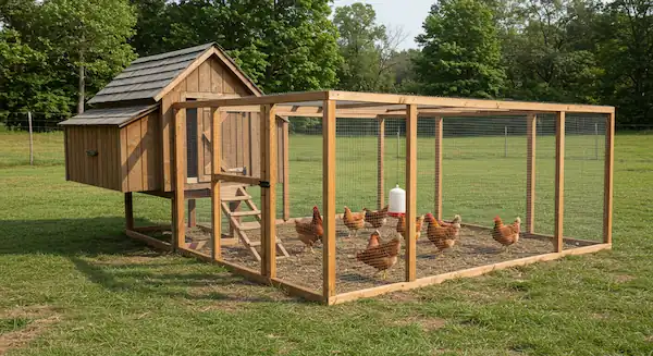 chicken coop and run having hens
