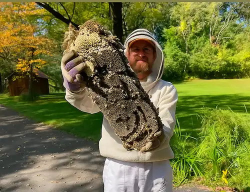 a professional beekeeper holding a large beehive