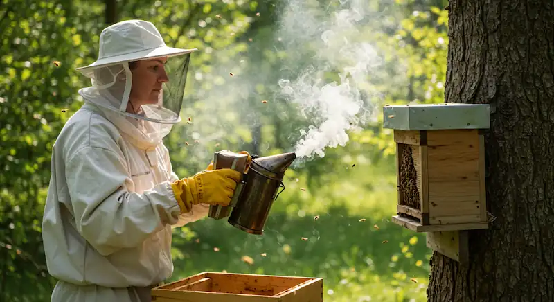a beekeeper trying to get rid of bees via smoke