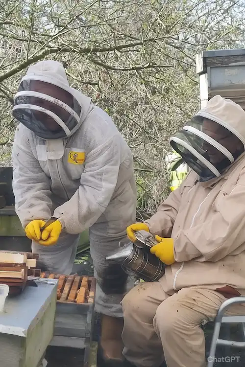 two beekeepers wearing suits engaged in beekeeping