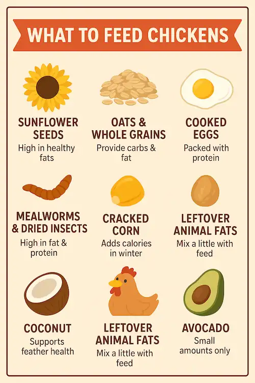 a list of food items that chickens eat