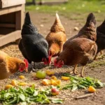 What to Feed Chickens And What Not To 2 chickens eating veggies and fruits laying on ground