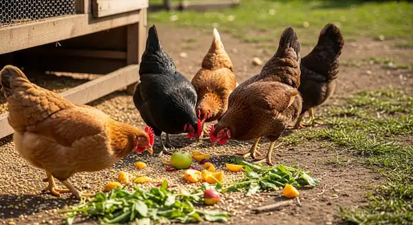 chickens eating veggies and fruits laying on ground