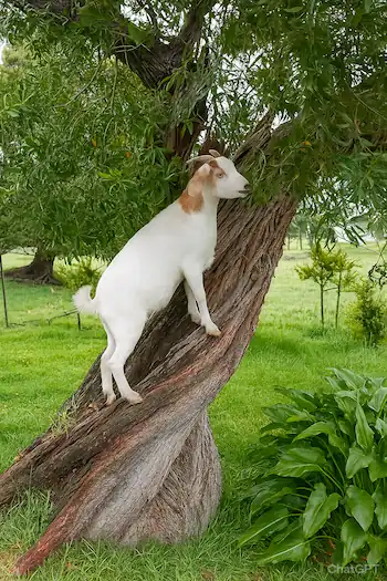 a white goat with red dots climbing the tree