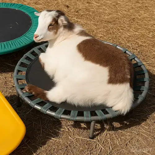 a red and white goat sitting in the mini trampoline