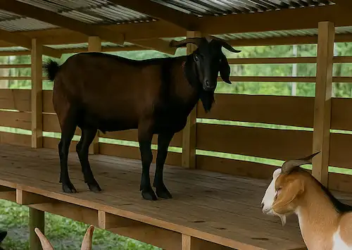 a dark red goat climbed on the wooden table