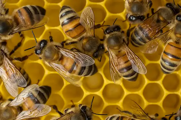 honey bees buzzing around their honeycomb