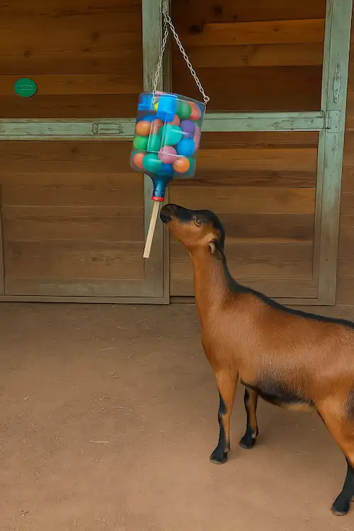 a goat reaching to puzzle feeder with balls inside-an amazing goat toy