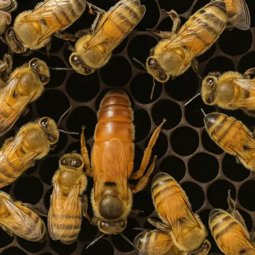 a queen honeybee among other bees
