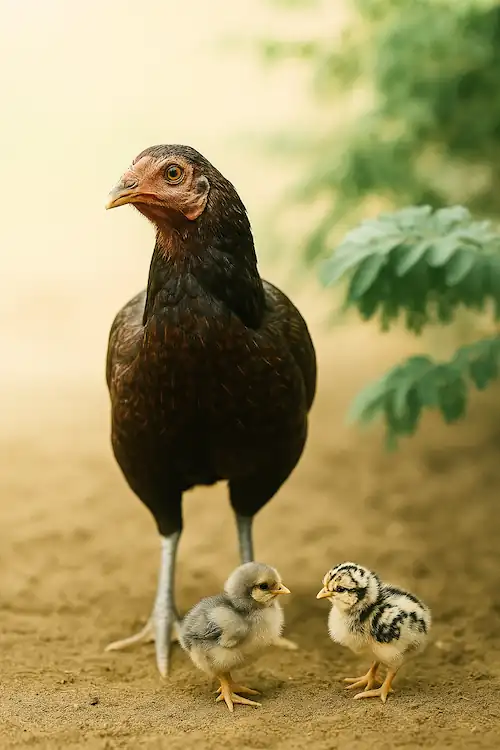 What to Feed Newborn Baby Chicks 3 a dark brown colored hen with two baby chicks