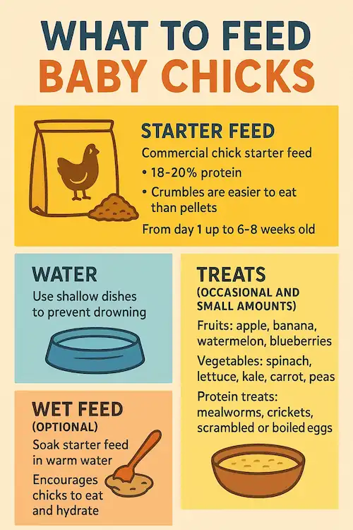 What to Feed Newborn Baby Chicks 4 infographics showing what to feed baby chicks with complete list of treats