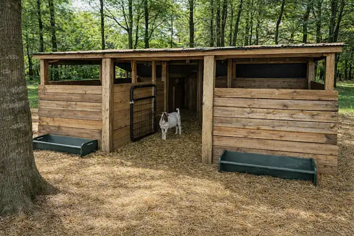 Goat Shelter Guide: DIY Designs & Year-Round Protection 10 Rustic goat shelter built from recycled wood with a metal roof