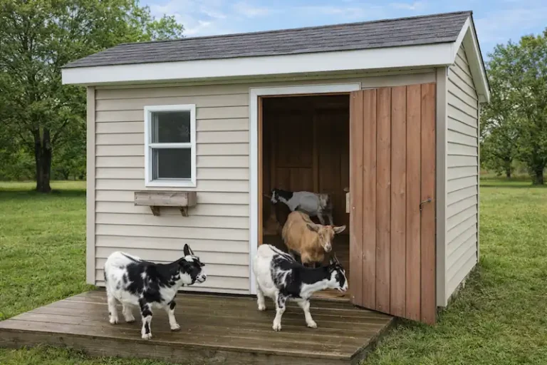 fully enclosed barn for goats with two goats standing outside