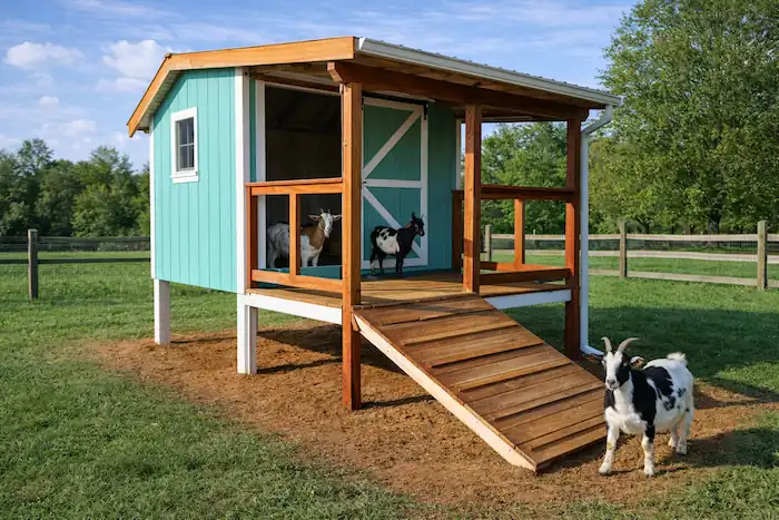 Goat Shelter Guide: DIY Designs & Year-Round Protection 9 open-front-leant-to shelter for goat in green fiedl