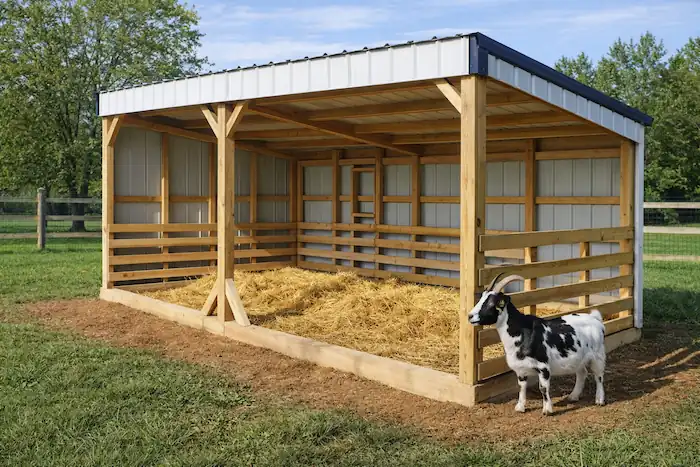 Goat Shelter Guide: DIY Designs & Year-Round Protection 6 three-sided shed for goats with one goat at the side