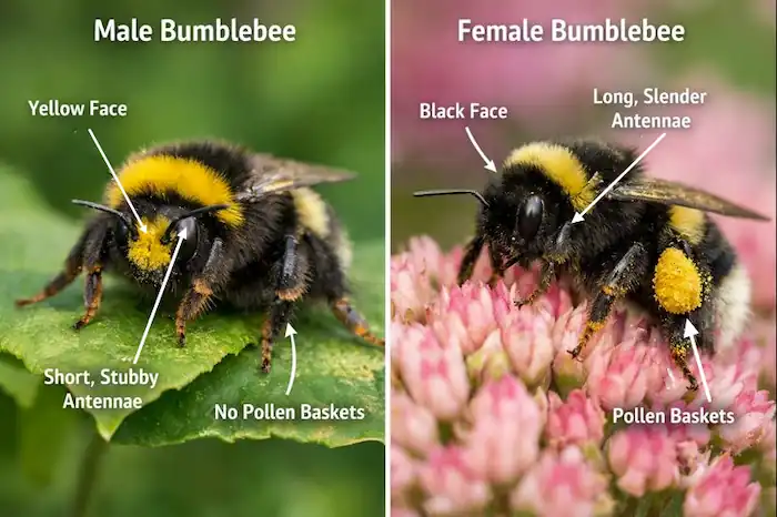 Do Bumble Bees Sting? Facts, Symptoms, and Safety Tips 4 a labelled diagram of male vs female bumblebee sitting on flowers