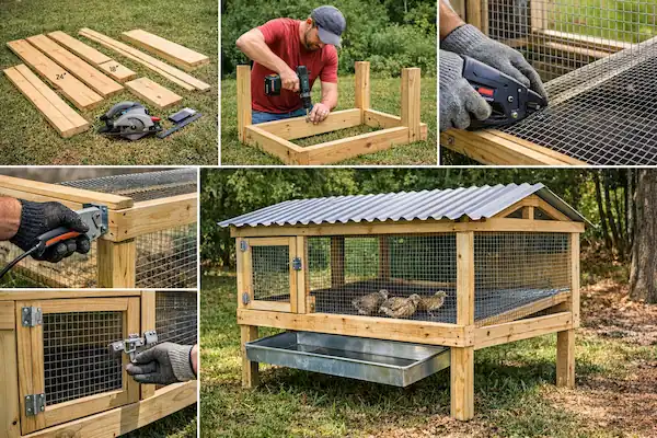 How to Build a Quail Cage: Stackable, Indoor & Breeding Options 8 Step-by-step construction of an elevated hutch-style quail cage in a backyard. Shows pre-cut lumber, frame assembly, wire mesh installation, securing doors with latches, and the completed cage with a sloped floor and removable waste tray