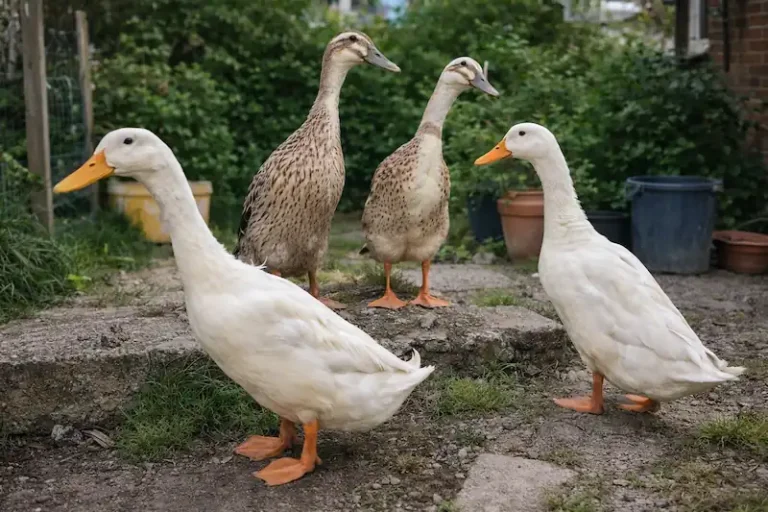 four indian runner ducks in backyard at carter farmstead