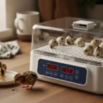 How to Incubate & Hatch Quail Eggs 6 utomatic quail egg incubator with eggs inside and a few newly hatched chicks nearby