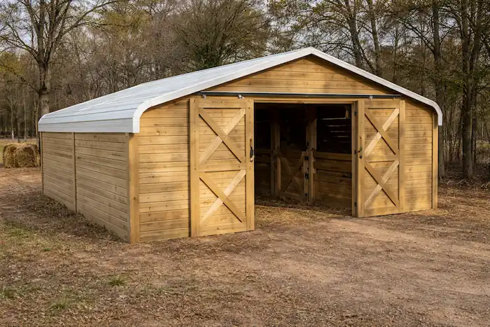 Goat Housing Ideas: DIY Pens, Barns & Sheds for All Sizes 18 Converted wooden shed or carport used as a goat barn with open double doors, set on a dry dirt ground with trees and a simple rural farm background