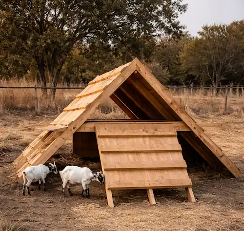 Goat Housing Ideas: DIY Pens, Barns & Sheds for All Sizes 17 wooden frame goat barn with two goats standing aside