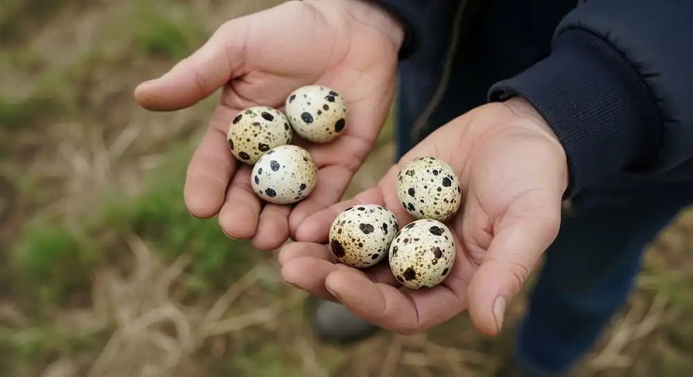 How to Incubate & Hatch Quail Eggs 2 Person’s hands holding freshly collected quail eggs in a natural outdoor setting