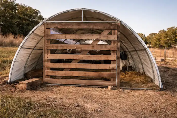 Goat Housing Ideas: DIY Pens, Barns & Sheds for All Sizes 16 Hoop style goat shelter with curved frame and covered structure set in a natural farm environment for simple goat housing
