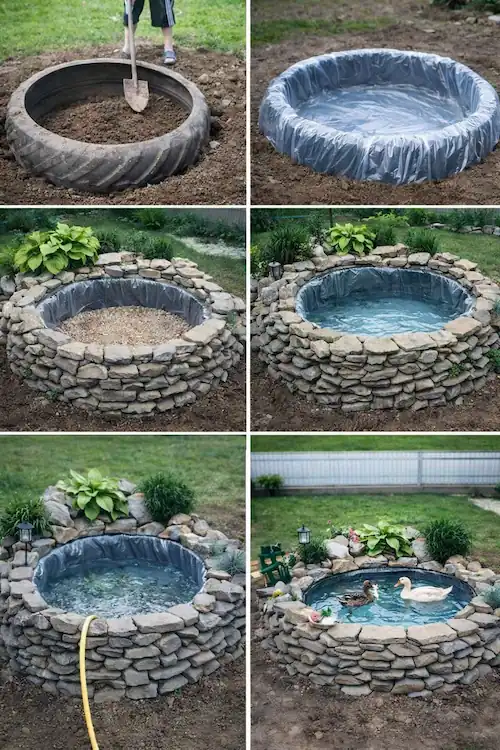 Guide to Making Duck Ponds: Backyard Pond Ideas for Ducks 5 Step-by-step DIY pre-formed pond liners, duck pond made with stones, plastic lining, and water, showing the complete backyard setup with ducks.