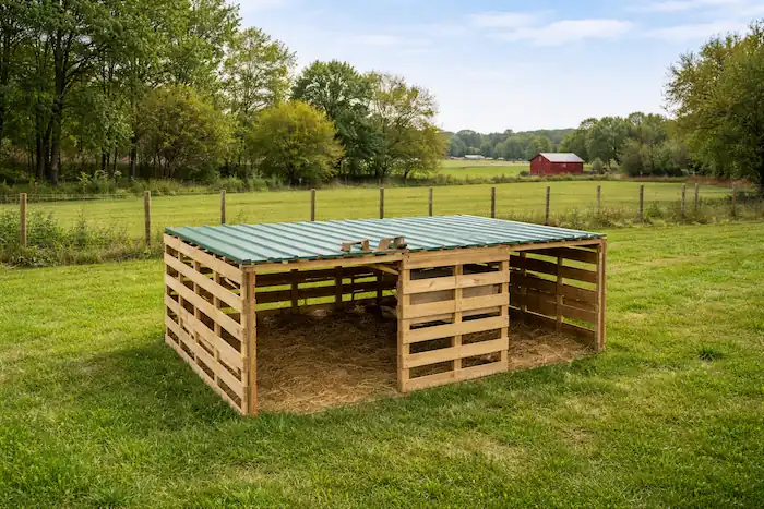 Goat Housing Ideas: DIY Pens, Barns & Sheds for All Sizes 10 Clean and well-built pallet goat pen with a green metal roof set in a natural grassy rural landscape with fencing and trees in the background