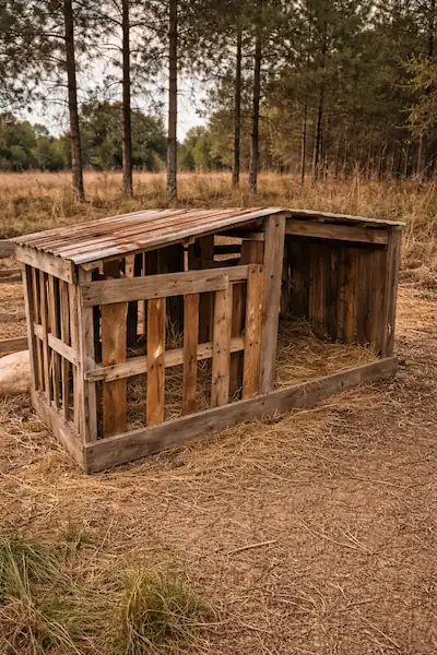 Goat Housing Ideas: DIY Pens, Barns & Sheds for All Sizes 15 DIY pallet goat shelter with wooden structure and slanted metal roof placed in a natural farm setting for goat housing