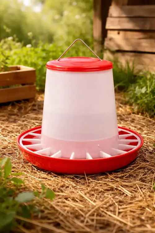 Best Quail Waterers: DIY Ideas, Best Picks & Care Tips 2 plastic quail waterer placed on straw in outdoor farm setting