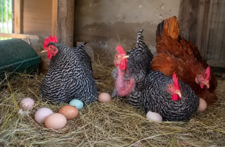 Backyard hens sitting on eggs in a straw-lined nesting box inside a rustic chicken coop during the egg-laying period