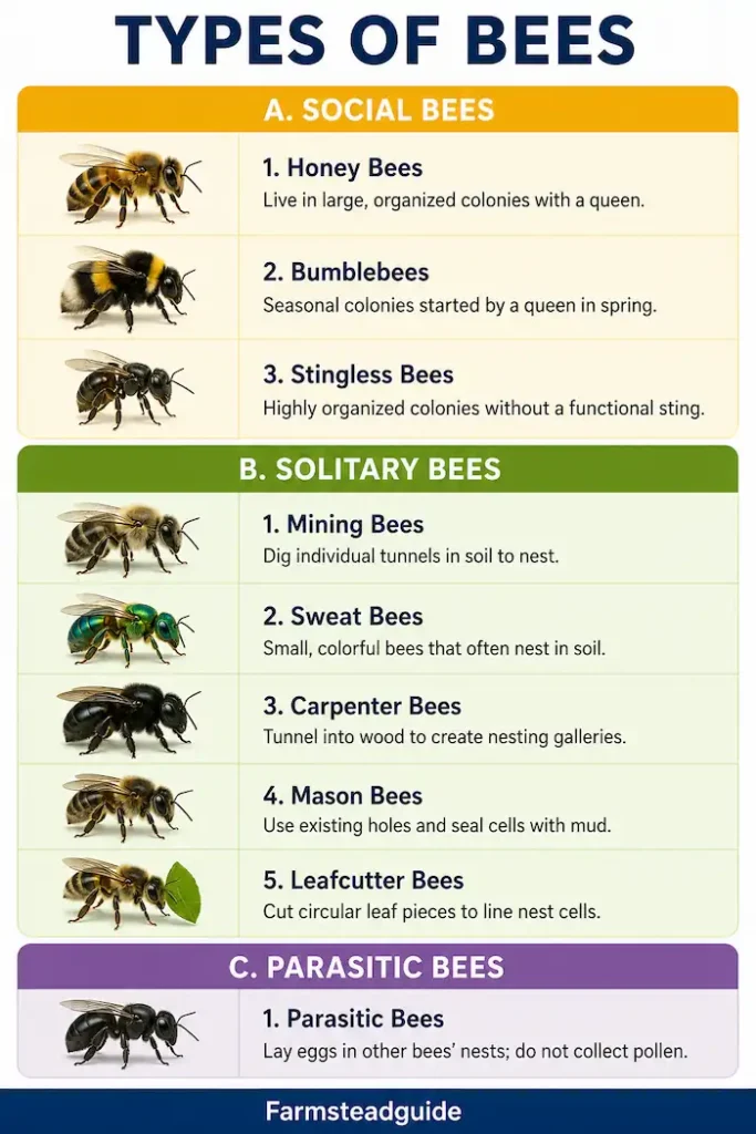 Types of Bees: Stinging, Ground-Nesting & Minnesota Bees 4 Colorful infographic showing the main types of bees grouped into Social Bees, Solitary Bees, and Parasitic Bees, including Honey Bees, Bumblebees, Stingless Bees, Mining Bees, Sweat Bees, Carpenter Bees, Mason Bees, Leafcutter Bees, and Parasitic Bees with a key characteristic for each.