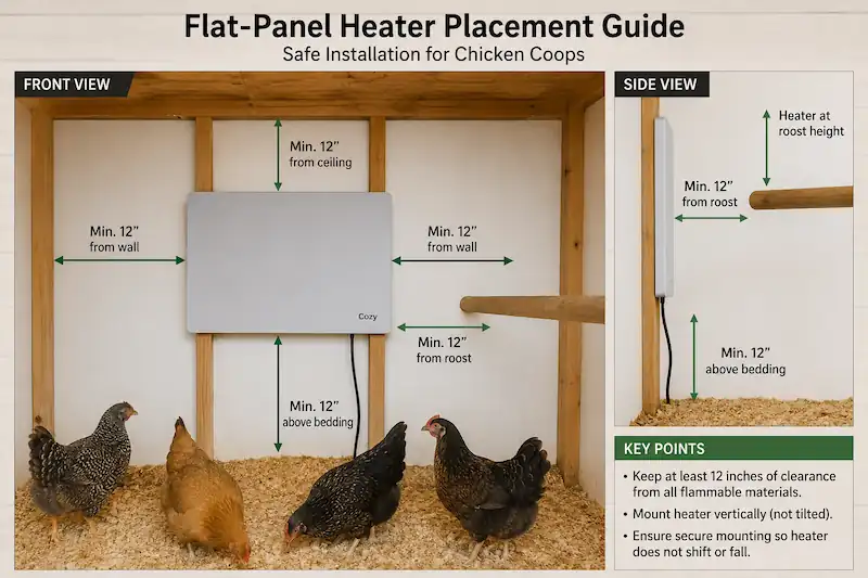 Best Chicken Coop Heaters for Safe Winter Warmth 6 Labeled diagram showing the correct installation of a wall-mounted flat-panel chicken coop heater with recommended clearance from the roost, bedding, walls, and floor for safe winter heating.