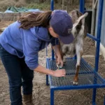 Best Goat Hoof Trimmers: Top Picks & Buying Guide 16 A girl trimming a goat's hoof at Carter Farmstead with manual hoof shears on a trimming stand
