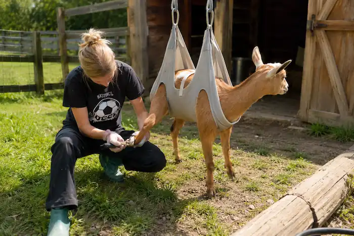 Best Goat Hoof Trimmers: Top Picks & Buying Guide 5 Farmer trimming a goat's hoof while the goat is supported in a hoof trimming sling.
