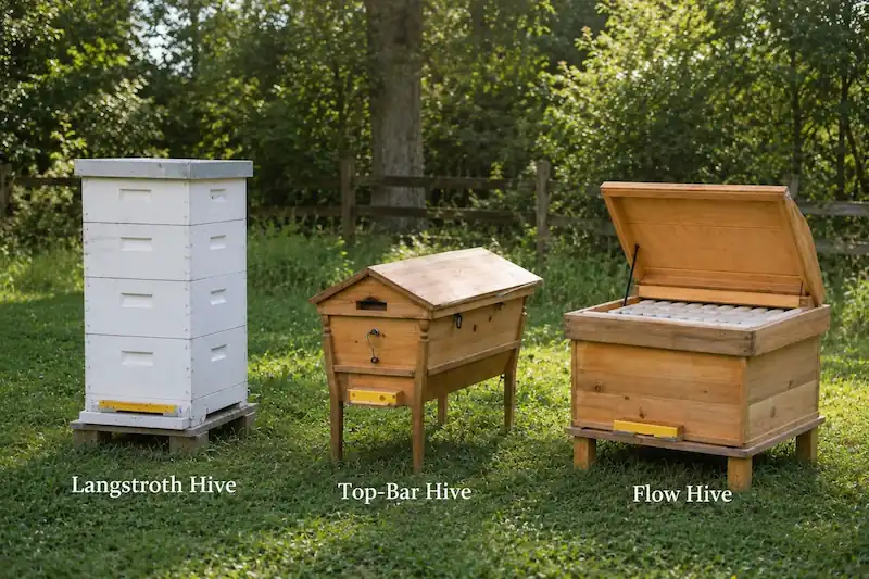 Best Beekeeping Starter Kit for Beginners: Buy Top Hive Kits 4 Comparison of Langstroth, Top Bar, and Flow beehive types displayed outdoors