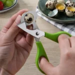 Best Quail Egg Scissors for Clean, Mess-Free Cracking 6 Person using green-handled quail egg scissors to cut open a fresh quail egg cleanly on a kitchen countertop.